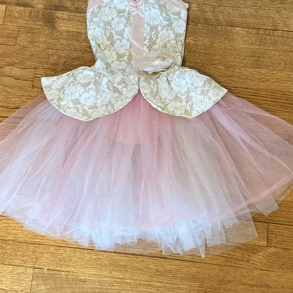 Medium Child Pink Ballerina Costume -Beige floral bodice with Gold glitter - Picture 3 of 8
